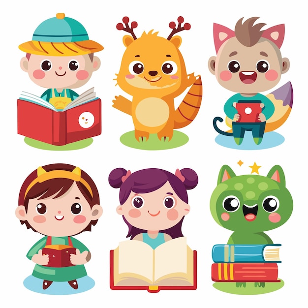 Cute kids and animals reading books