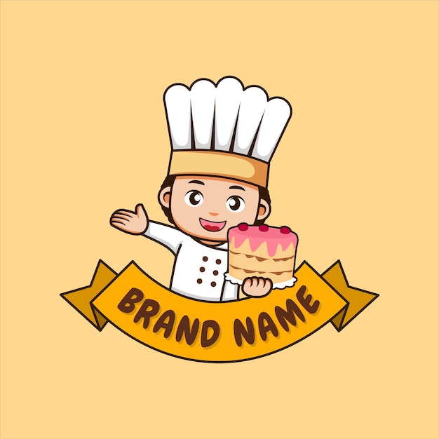 Cute Kids chef holding Cake with yellow banner vector illustration logo for pastry or Bakery company