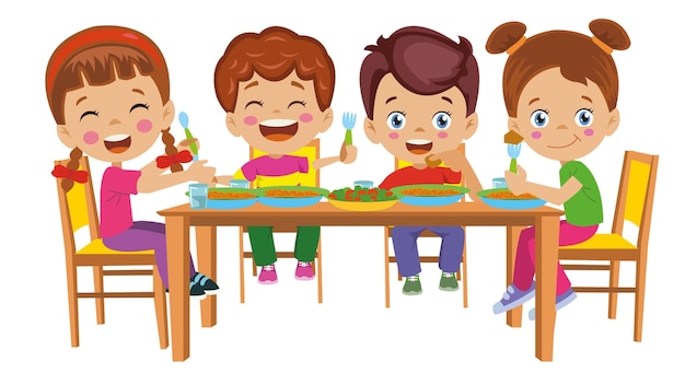 Cute kids eating at the dinner table