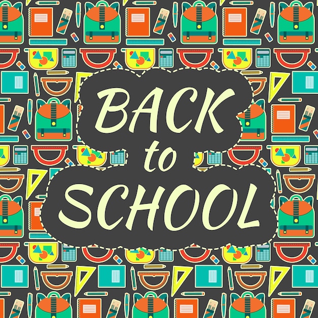 Cute kids educational colorful vector poster with school equipment with funny back to school text on pattern background