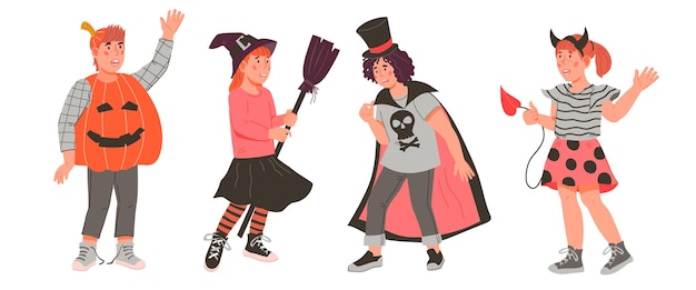 Cute kids in Halloween costumes flat vector illustration isolated