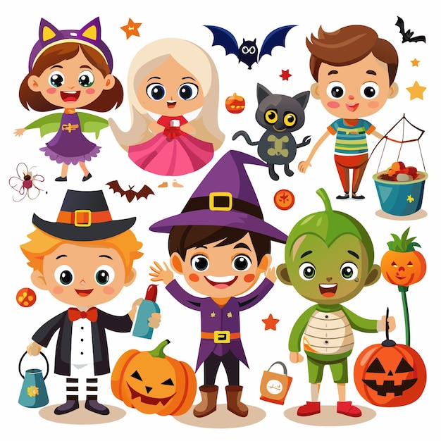 Cute kids in Halloween costumes including a witch a cat a pumpkin a vampire and a ghost