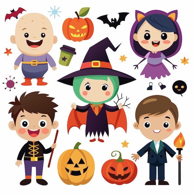 Cute kids in halloween costumes with pumpkins and bats