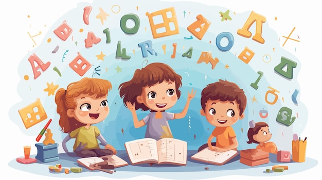 Cute Kids Learning Basic Shapes in Math Lesson Cartoon Vector