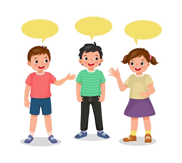 cute kids little boy and girl talking each other with speech bubble