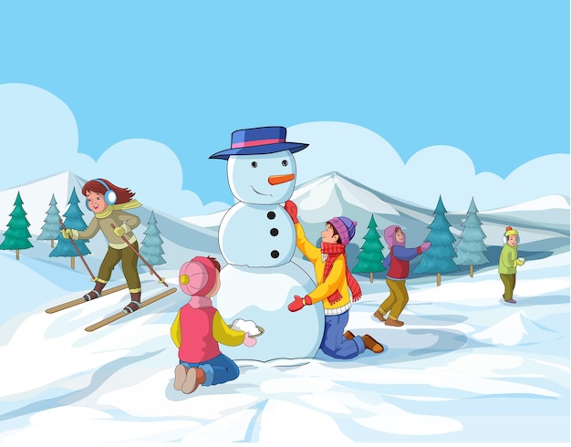 Cute kids making snowman and enjoying