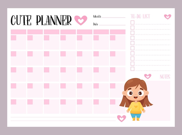 Cute kids monthly planner to do list and notes with cute cartoon girl Girlish organizer in pink