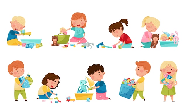 Cute Kids Playing With Different Toys in Playroom Vector Illustration Set