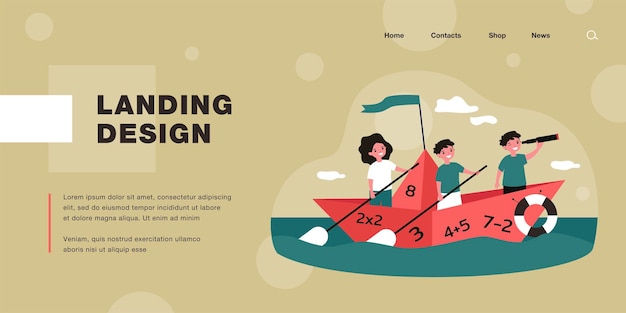 Cute kids sailing on boat with numbers. Math, study, sea flat vector illustration. Education and exploration concept for banner, website design or landing web page