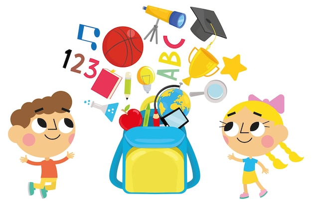 Cute kids school bag and school objects