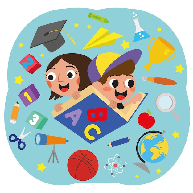 Cute kids and school objects flying with books