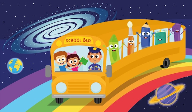 Cute kids and school objects on the school bus