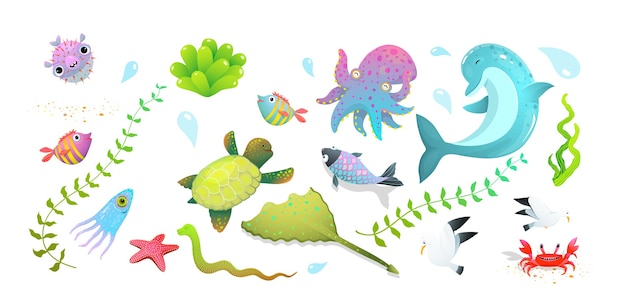 Vector cute kids sea creatures set: dolphin, sea star, fishes and squid, crab and other amusing underwater creatures.