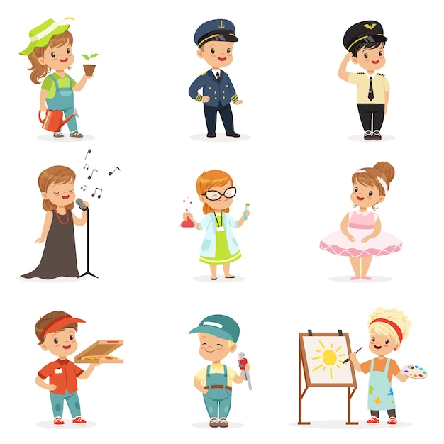 Cute kids in various professions set. Smiling little boys and girls in uniform with professional equipment colorful  illustrations