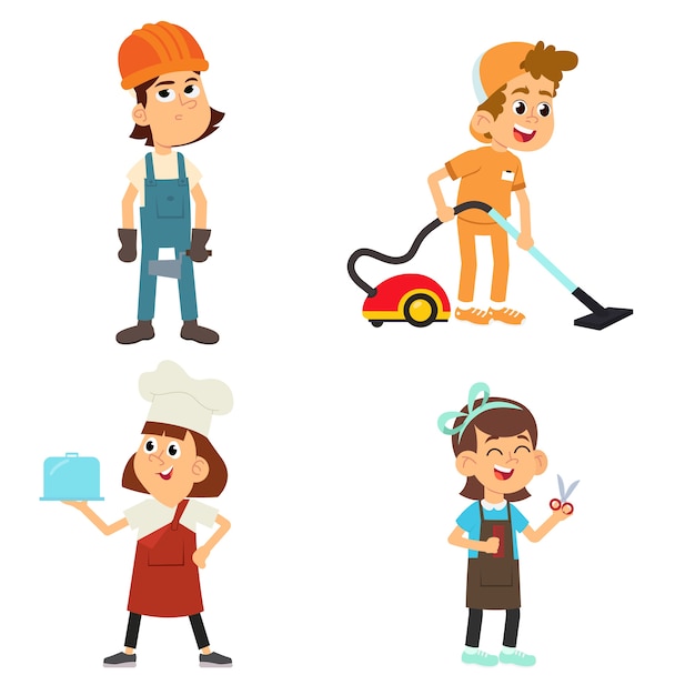 Cute kids in various professions set. Smiling little boys and girls in uniform with professional equipment colorful  illustrations