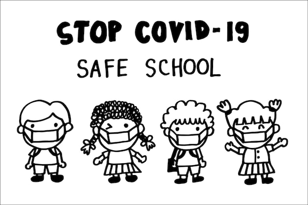 Cute Kids wear mask go back to safe school covid19 doodle hand drawn