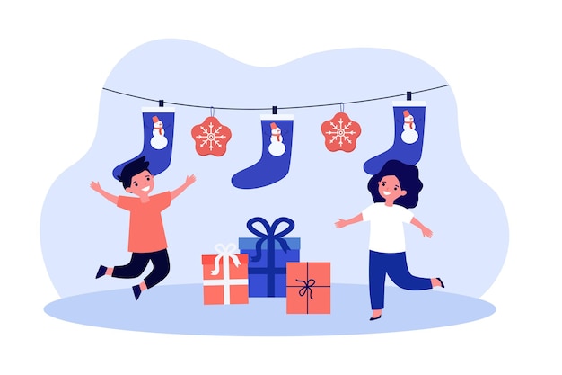 Cute kids with funny Christmas stockings hanging on rope. Boy and girl receiving xmas gift boxes flat vector illustration. Holiday, present concept for banner, website design or landing web page