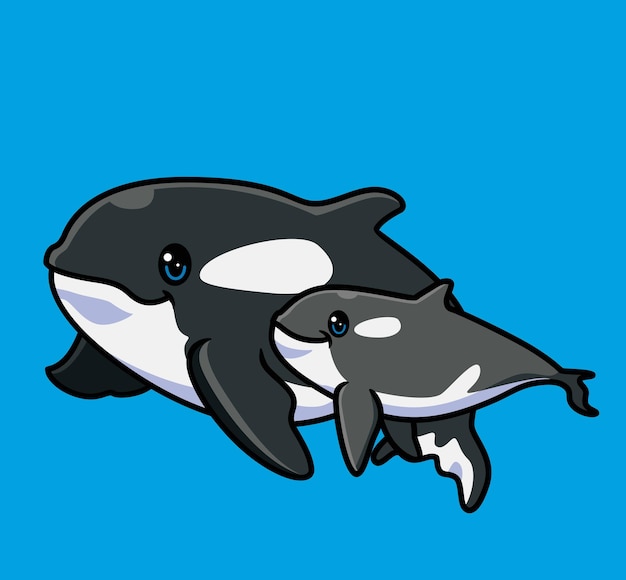 Cute killer whale family group child following his mother isolated cartoon animal illustration Flat