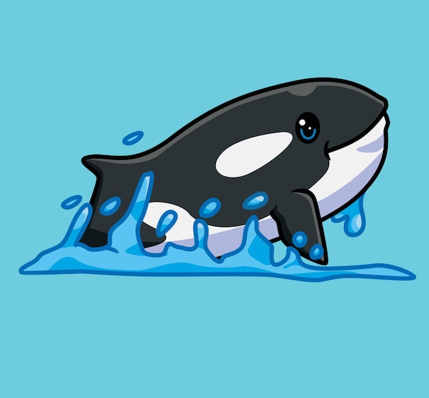 Vector cute killer whale surface on ocean isolated cartoon animal illustration flat style sticker icon