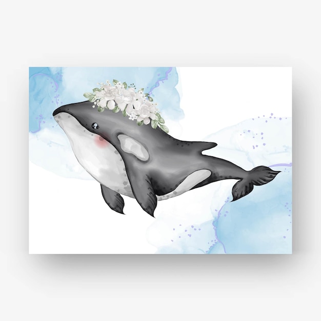 Cute killer whale with flower white watercolor illustration