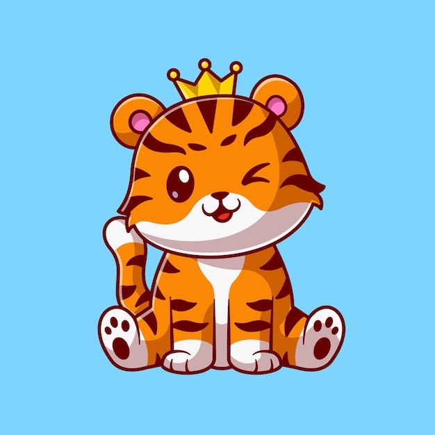 Cute King Cat Tiger Sitting Cartoon Vector Icon Illustration. Animal Nature Icon Concept Isolated Premium Vector. Flat Cartoon Style