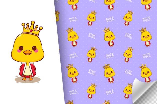 Cute king duck cartoon character seamless pattern illustration