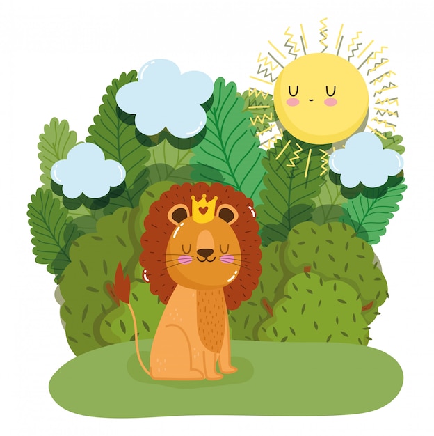 Cute king lion with crown on green forest