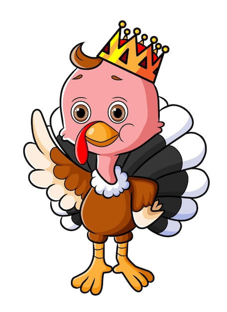 The cute king of turkey bird is wearing a golden crown of illustration