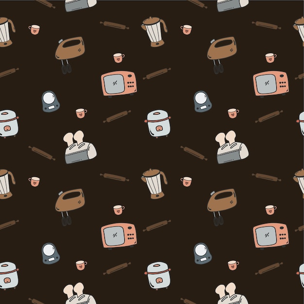 Cute kitchen utensil pattern on black background