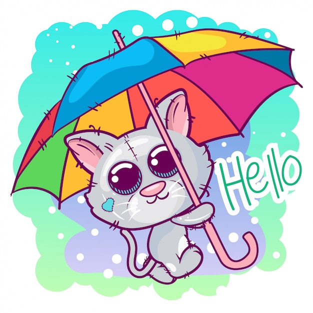 Cute kitten cartoon with an umbrella