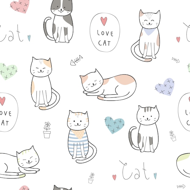 Cute kitten cat cartoon doodle seamless pattern