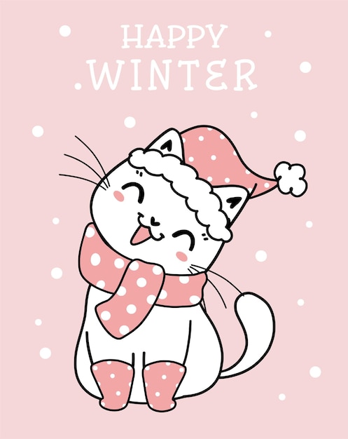 Cute kitten cat Christmas cartoon with pink winter clothes, Meowy Catmas, flat vector doodle linear illustration