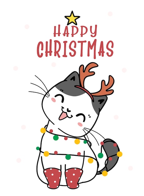 Cute kitten cat Christmas cartoon with reindeer antler, Meowy Catmas, flat vector doodle linear illustration