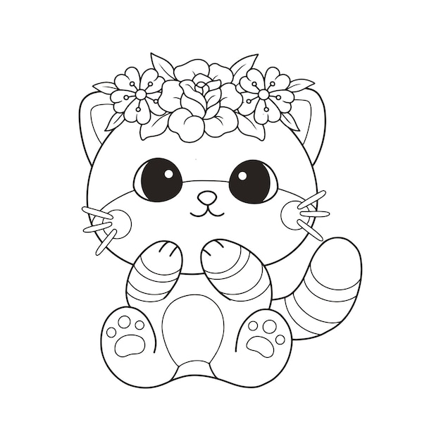 Cute kitten cat in a flower crown hand drawn coloring page