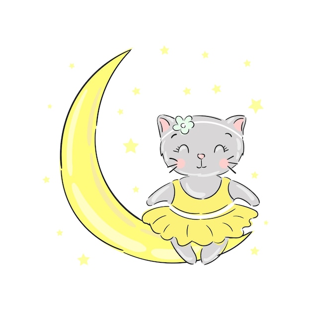 Cute kitten girl in yellow dress is sleeping on the moon