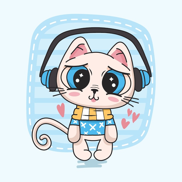 Cute kitten listening to music