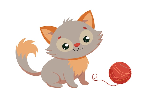 Vector cute kitten playing with a ball of yarn