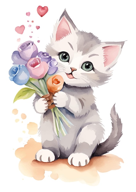 cute kitten with a bouquet of flowers watercolor white background