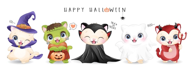 Cute kitty for halloween day with watercolor illustration