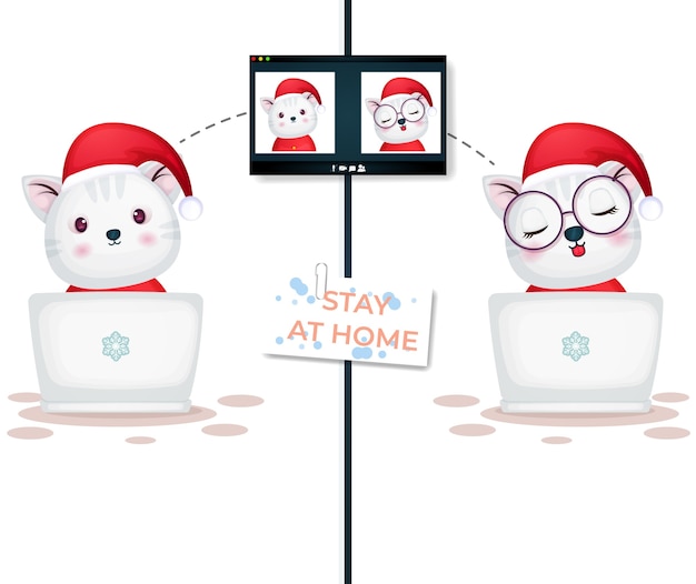 Cute kitty video call on laptop for christmas day