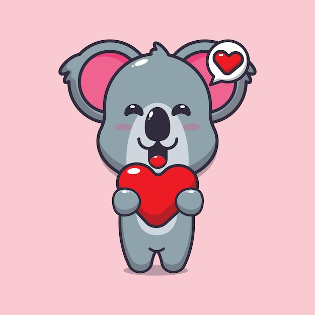 cute koala cartoon character holding love heart