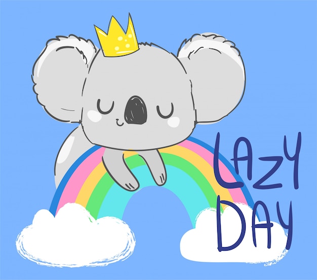 Cute koala in a crown on a rainbow on blue illustration