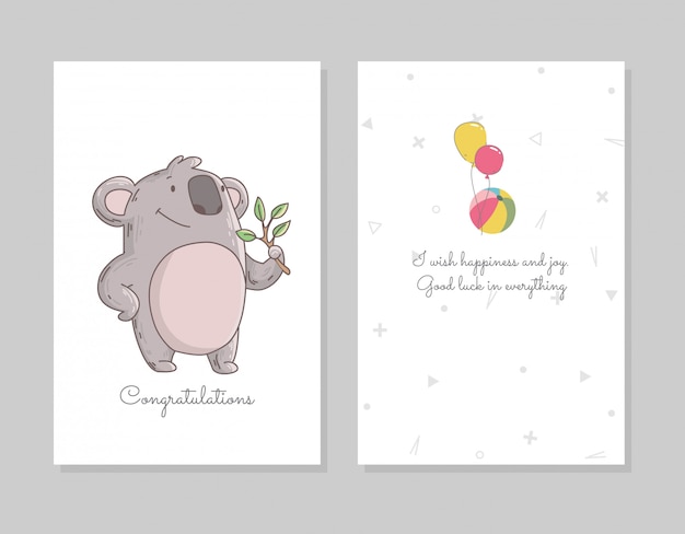 Cute koala eating eucalyptus. Hand drawn doodle poster template with airballs. Cute cartoon bear character