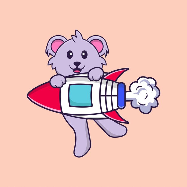 Cute koala flying on rocket. Animal cartoon concept isolated.