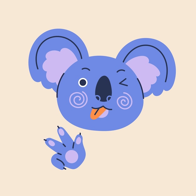 Cute koala head portrait Funny Australian bear winking showing tongue gesturing with paw Lovely amusing adorable fluffy animal character Childish kids isolated flat vector illustration