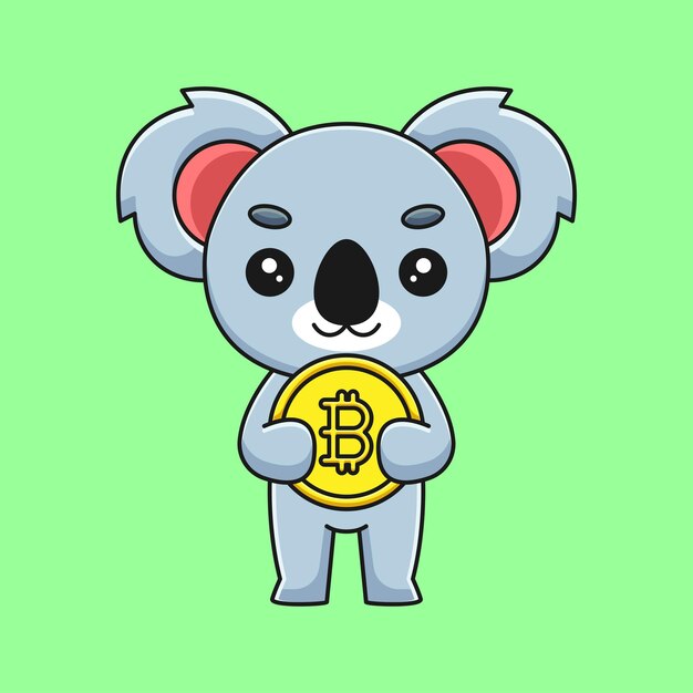 Cute koala holding bitcoin cartoon mascot doodle art hand drawn outline concept vector kawaii icon illustration