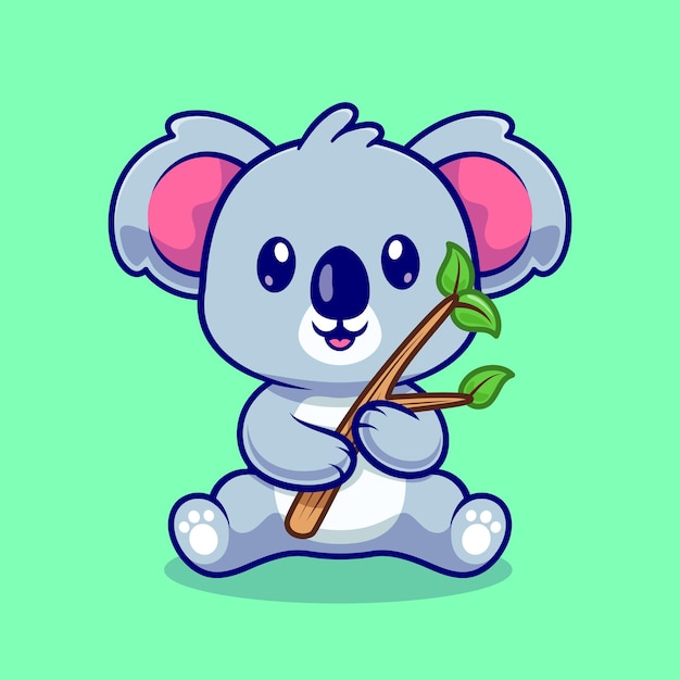 Cute Koala Holding Branch Cartoon Vector Icon Illustration. Animal Nature Icon Concept Isolated Flat