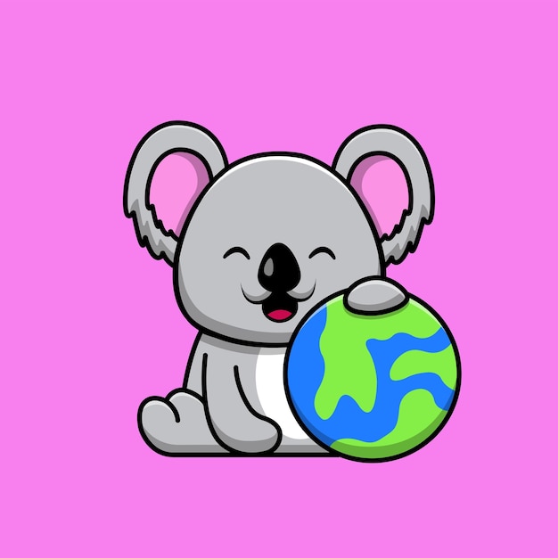 Cute Koala Holding Earth Globe Vector Icon Illustration