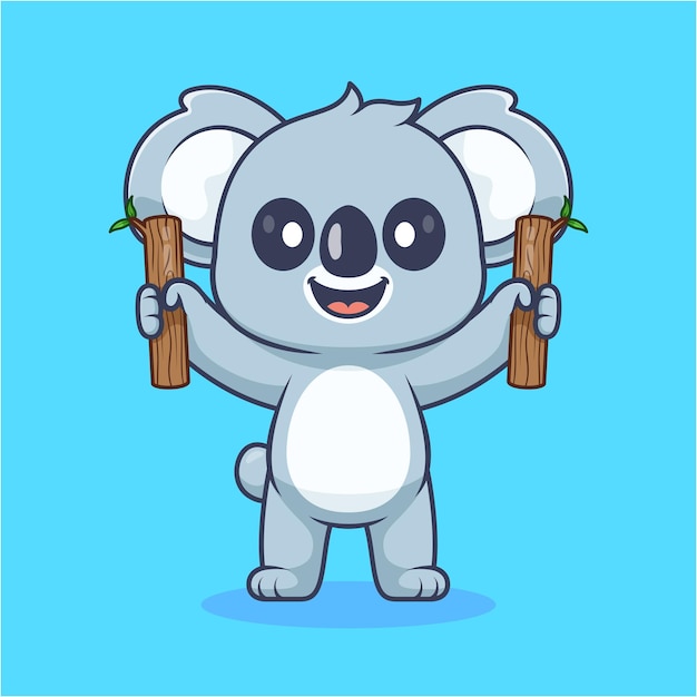 Cute Koala Holding Stick Branch Wood Cartoon Vector Icon Illustration Animal Nature Icon Isolated