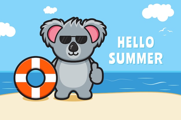 Cute koala holding swimming ring with a summer greeting banner cartoon icon illustration